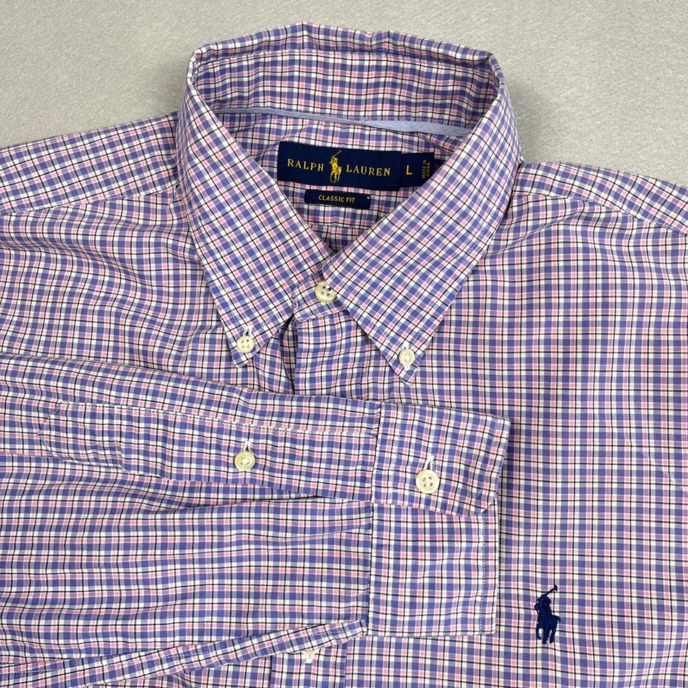 Polo Ralph Lauren Mens L Classic Fit Purple Plaid Button Down Shirt Academia